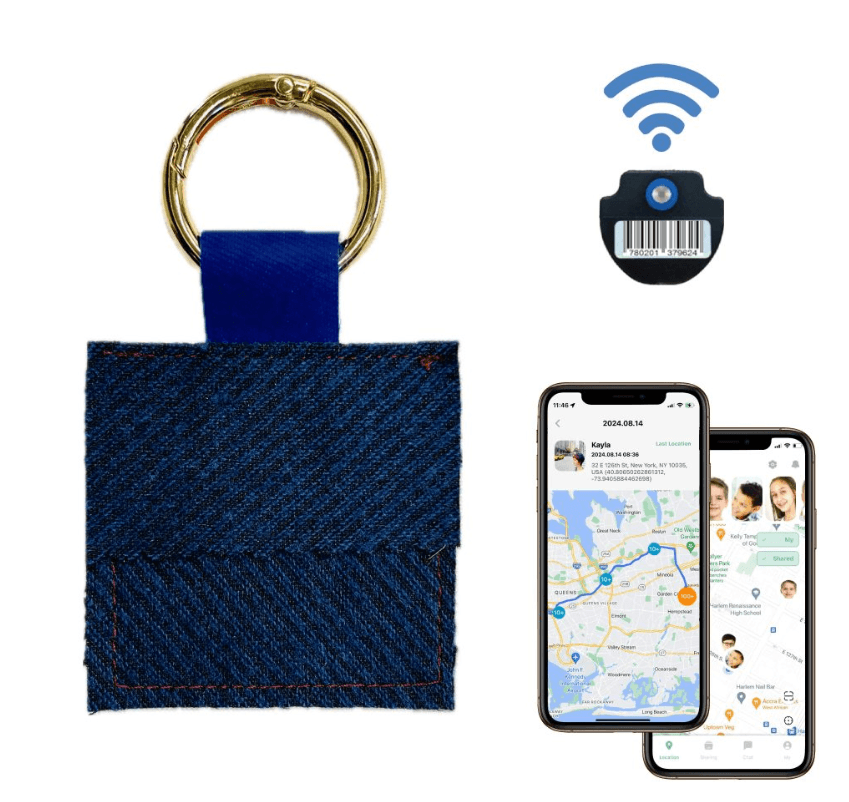Blue Mesh Tag with its NFC connection accessory and MeshApp location screens